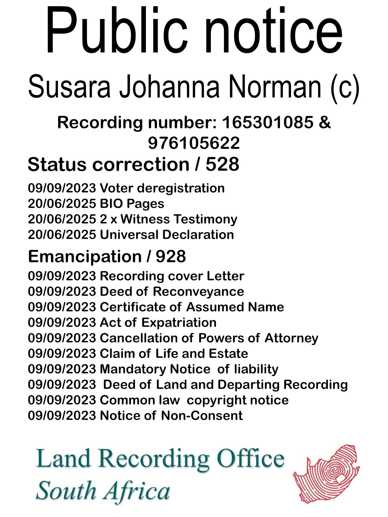 Public notice Susara Johanna Norman Recording number 165301085 & 976105622